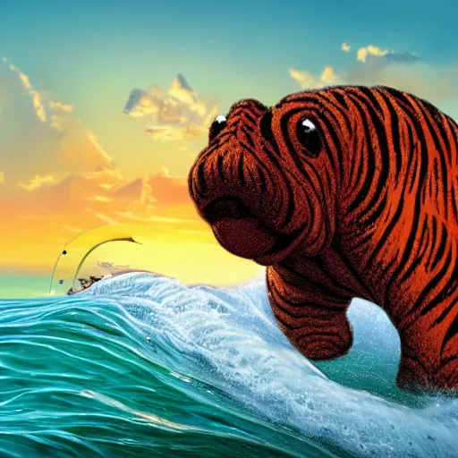 Prompt: a closeup photorealistic photograph of a cute smiling knitted tiger hippopotamus riding a wave at sunset. surf in background. professional capture. brightly lit scene. this 4 k hd image is trending on artstation, featured on behance, well - rendered, extra crisp, features intricate detail, epic composition and the style of unreal engine.