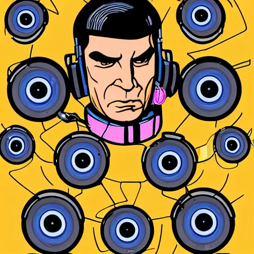 Image similar to svg sticker of a Pop-Wonder Captain-Spock-Star-Trek at a rave, spinning records, giant headphones rocking out, wearing headphones, huge speakers, dancing, rave, DJ, spinning records, digital art, amazing composition, rule-of-thirds, award-winning, trending on artstation, featured on deviantart