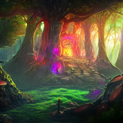 Image similar to Alien temple in a forest, light rays, colorful, fantasy sparkling magic fires, particles, exploration, incredible detail, professional composition, digital art, 4K