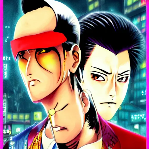 Prompt: beautiful amazing anime portrait painting of kiryu kazuma and goro majima in tokyo. neon lights. by hayao miyazaki, katsuhiro otomo, akira toriyama, satoshi kon, eiichiro oda, hideaki anno