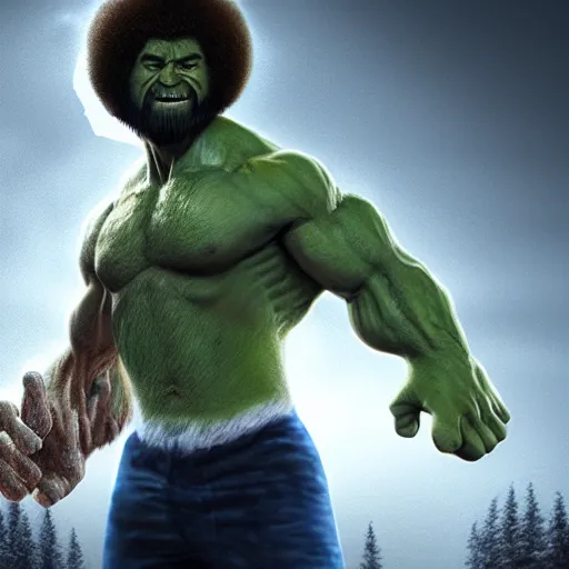 Image similar to full body portrait , photomanipulation of BOB ROSS as hulk with human flesh, marvel, fully detailed, volumetric lightening, octane render, 8k, masterpiece, epic composition, sharp focus