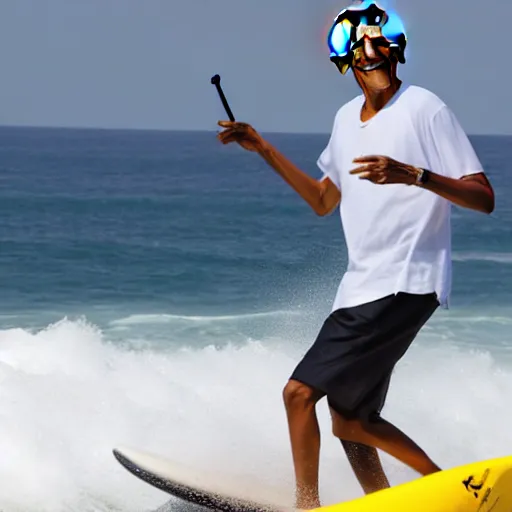 Prompt: barack obama surfing a giant wave with a margarita in his hand