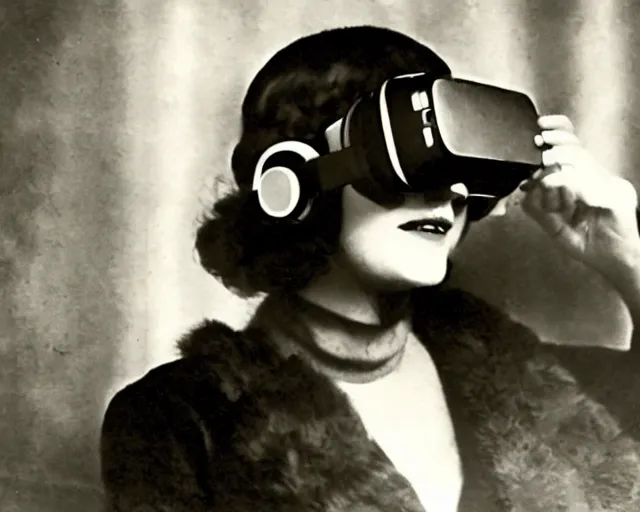 Image similar to 1 9 2 0 s photo of a flapper girl wearing a vr headset on a stage in a speakeasy