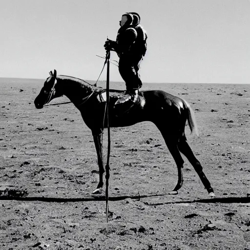 Image similar to photo of steed situated on top of astronaut that standing on all fours