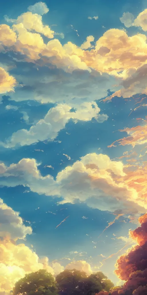 Prompt: A beautiful illustration of beautiful burning cloud in the evening sky, breathtaking clouds, The cloud is ethereal and mystical, and it seems to be glowing from within, buildings, trees, birds, wide angle, by makoto shinkai, Wu daozi, very detailed, deviantart, 8k vertical wallpaper, tropical, colorful, airy, anime illustration, anime nature wallpap