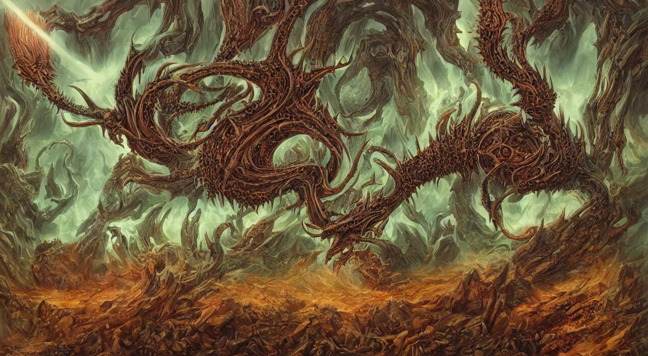 Image similar to a detailed portrait of a demon with long horns and spikes on its back. huge razor claws and fiery vortex eyes in a mystic cosmic labrynth, by roger dean, by robert hubert, by laurie lipton, detailed, realistic shadows, volumetric lighting, mythical creatures, rendered in redshift, matte painting