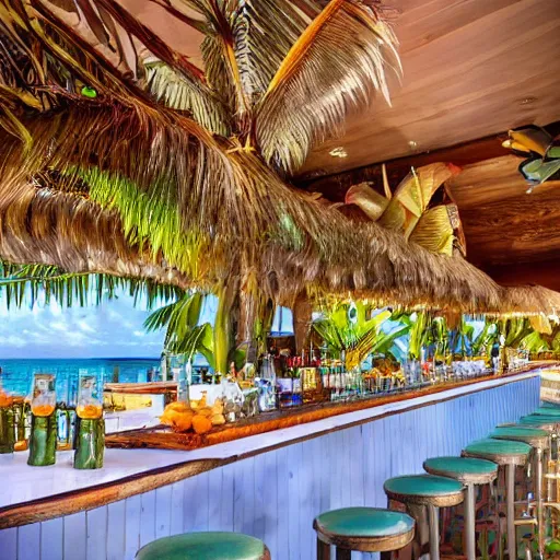 Prompt: an amazing tropical bar in the carribbeans, pina coladas and other delicious malibu coctails on the bar. intricate, elegant, highly detailed, stylish