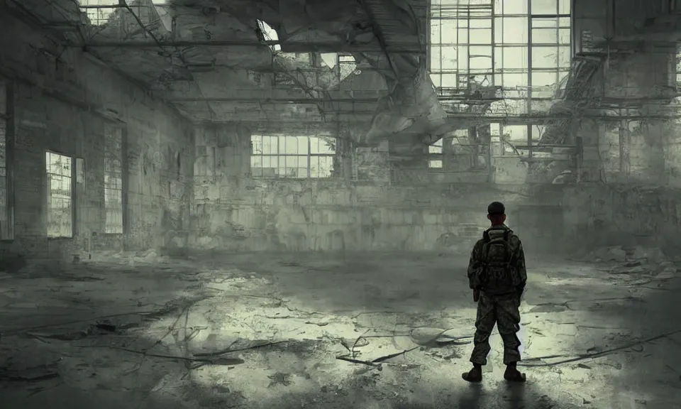 Prompt: A soldier standing in an abandoned industrial factory, long shot from back, high quality digital art, ArtStation