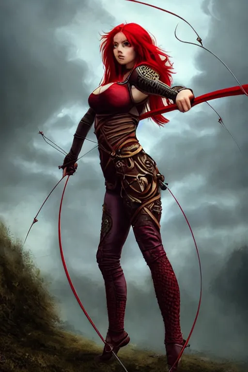 Prompt: Female archer, dnd, d&d, leggins, red skintight leather armor, red hair, Low-Angle, visible face!, beautiful face!, alluring, D-cup, toned derriere, high fantasy, realistic!, extremely detailed, matte painting, by wlop and tomasz alen kopera, octane
