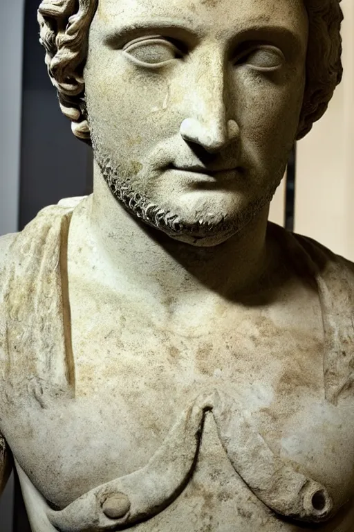 Prompt: an ancient greek marble statue of actor gerard butler, courtesy of the british museum