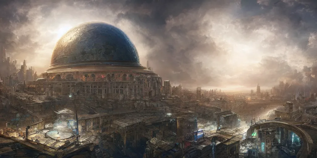Prompt: a utopian city protected by a huge dome with a huge crack, mixed media, concept art, digital painting, trending on artstation, highly detailed, epic composition, 8 k uhd