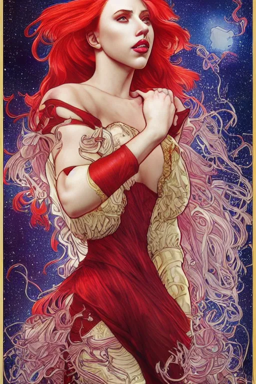 Image similar to celestial scarlett johansson anthropomorphic irish setter, by artgerm and yoshitaka amano and moebius and alphonse mucha, hyperdetailed, dc comics, ornate, nebula, explosions in the sky, trending on artstation