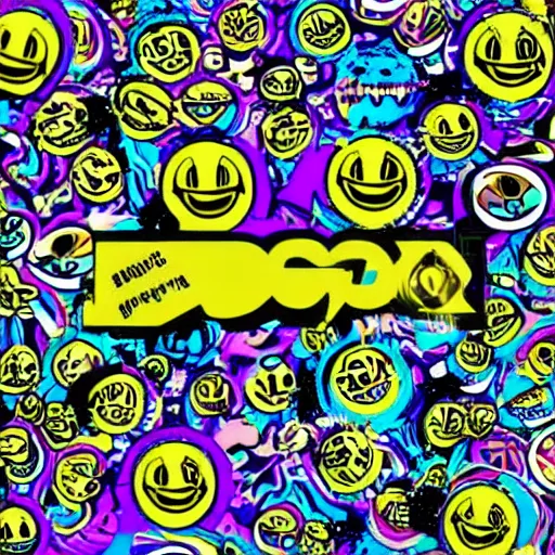 Image similar to acid house music rave graphics psychedelic illustration smiley ecstasy dnb jungle pill graffiti detailed