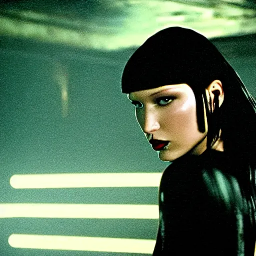 Prompt: bella hadid with long wet hair in blade runner by ridley scott, medium shot, dripping water, sexy black shorts, wearing black boots, wearing a cropped top, 4 k quality, highly detailed, realistic, intense, cyberpunk