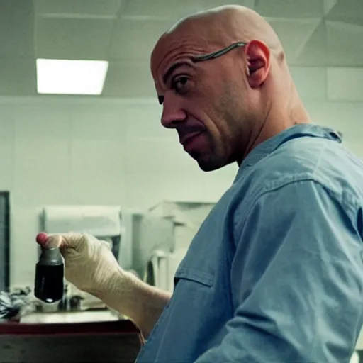 Image similar to film still of vin diesel as walter white selling meth in Breaking Bad