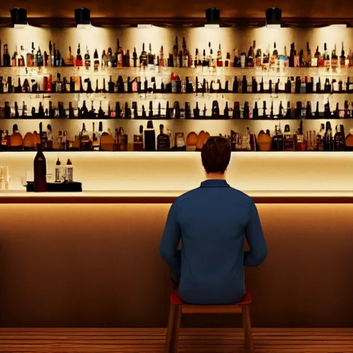 Image similar to a man sitting in a bar about to make a fundamental decision for his life, he is uncertain, but he knows he would rather have remorse than regret, 3d render