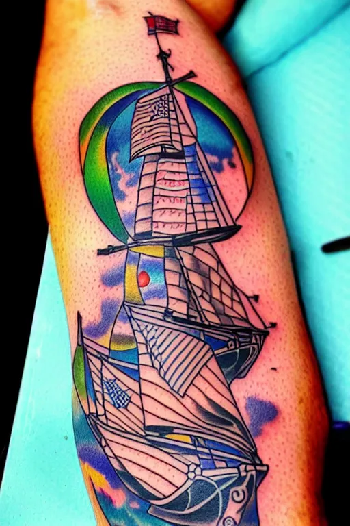 Image similar to American traditional tattoo of a sailor, detailed line work, bright colors, tattoo by Tony BLUEARMS