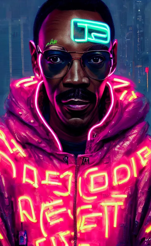 Prompt: detailed portrait Eddie Murphy Neon Operator, cyberpunk futuristic neon, reflective puffy coat, decorated with traditional Japanese ornaments by Ismail inceoglu dragan bibin hans thoma greg rutkowski Alexandros Pyromallis Nekro Rene Maritte Illustrated, Perfect face, fine details, realistic shaded, fine-face, pretty face