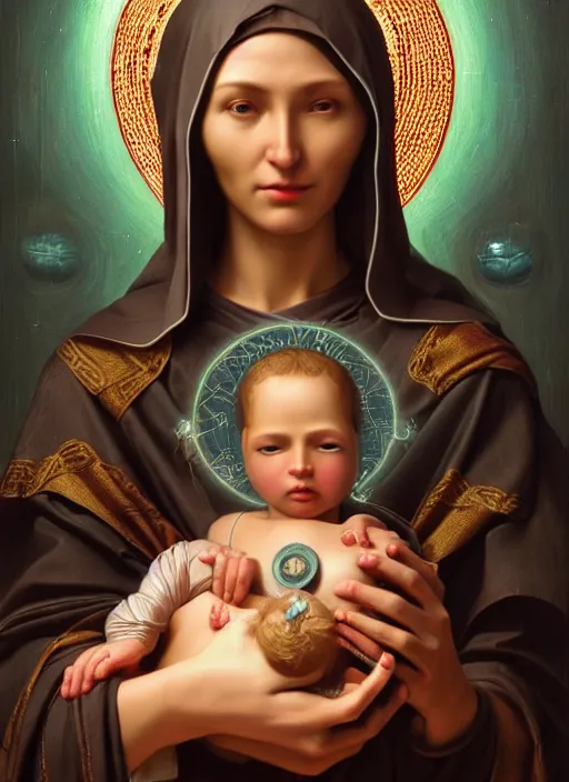 Prompt: realistic detailed 8k photo of futuristic holy cyborg-mother holding a newborn baby child in hands by Raphael Santi, orthodox icon Neo-Gothic, gothic, rich deep colors. masterpiece, intricate artwork by Tooth Wu and wlop and beeple, greg rutkowski