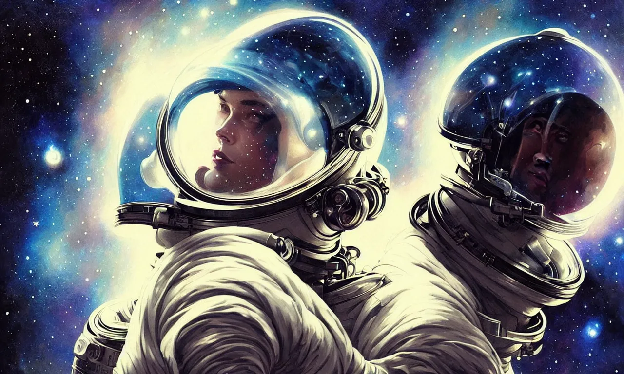 Image similar to Astronaut helmet is a reflection of stars and galaxies. Space exploration, an astronaut looks up into space, fantasy magic, undercut hairstyle, dark light night, intricate, elegant, sharp focus, illustration, highly detailed, digital painting, concept art, matte, art by WLOP and Artgerm and Greg Rutkowski and Alphonse Mucha, masterpiece