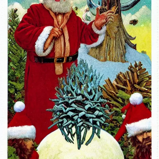 Image similar to illustrated portrait vogue designer Santa Claus Sacrificing the Elves to a Volcano God Altar made of pinecones and fire kenny scharf heinrich lefler giorgio de chirico marc simonetti norman rockwell postcard stamp