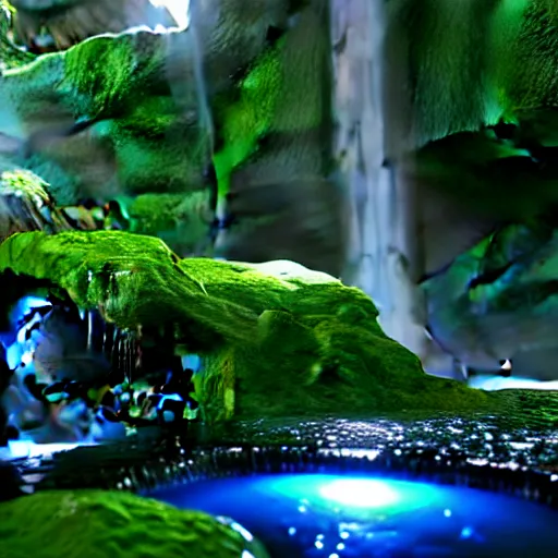 Image similar to a lush cave with a waterfall hyper realistic 8k unreal engine