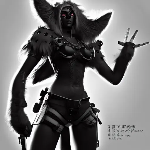 Prompt: RPG character concept art, cyberpunk furry, in the style of Leticia Gillett Hiroya Oku Riyoko Ikeda, 3d render, artstation trending, 8k, octane render, photorealistic, sharp detail, manga, black and white