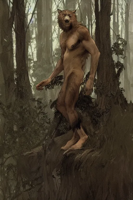 Image similar to fullbody portrait of a male werewolf, bared teeth, long claws, by greg rutkowski and alphonse mucha, gradient brown to silver, in front of a forest at night background, highly detailed, digital painting, artstation, concept art, smooth, sharp focus illustration