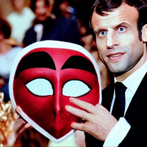 Image similar to Emmanuel Macron wearing a venitian mask, in Eyes Wide Shut (1999)