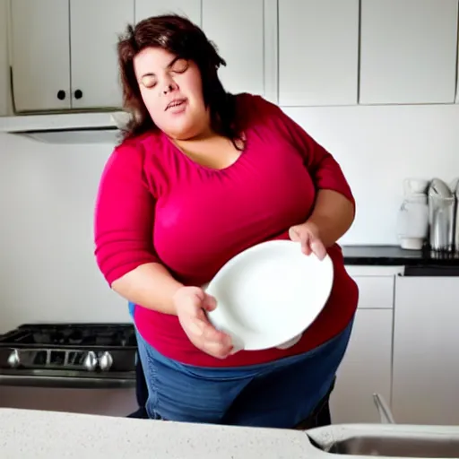 Prompt: a very obese woman doing the dishes, text your mom