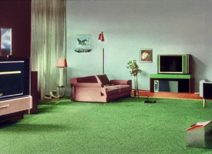 Prompt: 1 9 8 0 s living room with green carpet and a zenith television with atari 2 6 0 0, movie still, 8 k