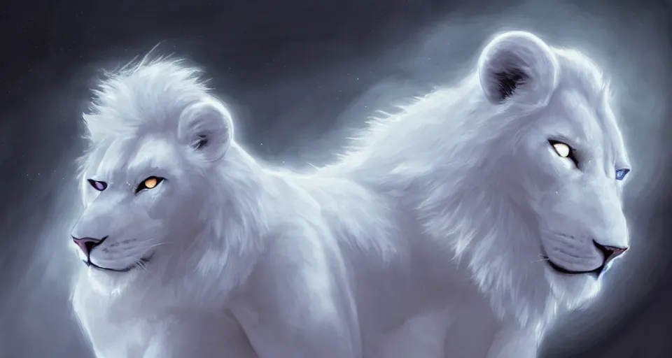 Image similar to aesthetic portrait commission of a albino male furry anthro lion wearing white glowing cloak in an empty black room surrounded by darkness, Character design by charlie bowater, ross tran, artgerm, and makoto shinkai, detailed, inked, western comic book art, 2021 award winning painting