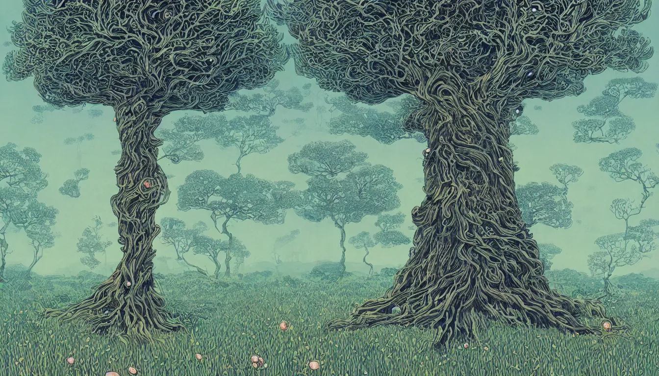 Image similar to giant tree in a meadow, chinese ink brush, yukio - e, kilian eng, victo ngai, josan gonzalez