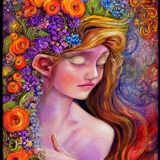 Image similar to a painting of a a woman with flowers in her hair, a storybook illustration by josephine wall, watercolor, deviantart, metaphysical painting, storybook illustration, detailed painting, whimsical, psychedelic art