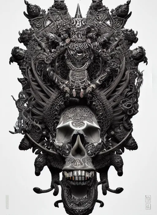 Image similar to 3 d ornate carved shaman with tattoos profile portrait, sigma 5 0 0 mm f / 5. beautiful intricate highly detailed quetzalcoatl skull. bioluminescent, plasma, lava, ice, water, wind, creature, thunderstorm, artwork by tooth wu and wlop and beeple and greg rutkowski, 8 k trending on artstation