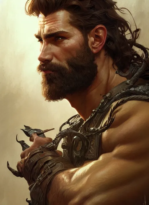 Image similar to Portrait of rugged male ranger, D&D, muscular, fantasy, intricate, elegant, highly detailed, digital painting, artstation, concept art, smooth, sharp focus, illustration, art by artgerm and greg rutkowski and alphonse mucha