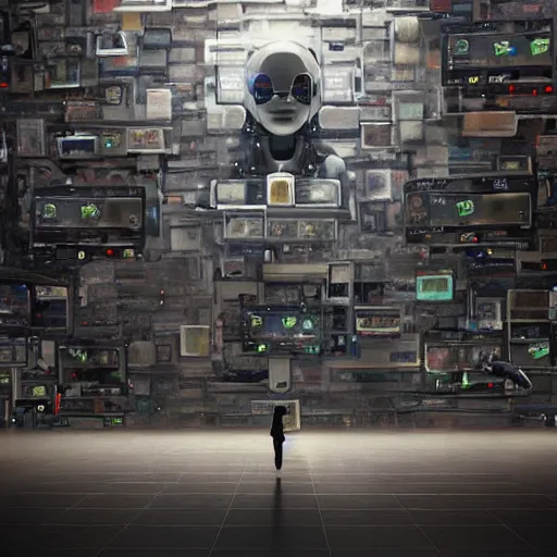 Image similar to tvs wall, multiples thousand of tv displaying surveillance footage of different universe, watch by the biggest ai robot built, in form of a robot humanoid head, by greg rutkowski