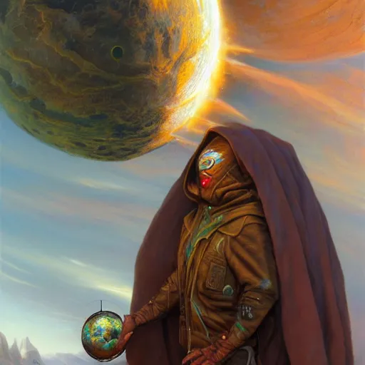 Image similar to masked nomad male wearing a cloak on an alien world and holding a holographic planet projection in his hand, detailed, sci - fi, digital painting, artstation, sharp focus, illustration, ominous, artgerm, tomasz alen kopera, peter mohrbacher, donato giancola, joseph christian leyendecker, wlop, frank frazetta