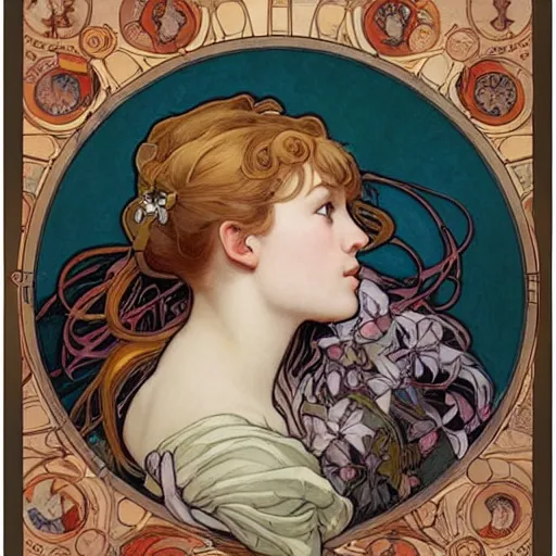 Image similar to romantic painted portrait of halo by james jean, mucha