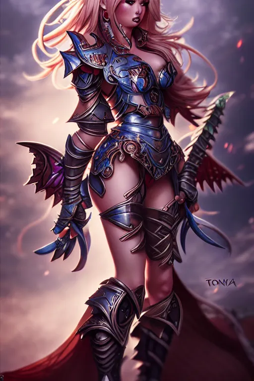 Image similar to sakimi chan, detailed face, standing, scandelous fantasy armor, tony sart, in combat