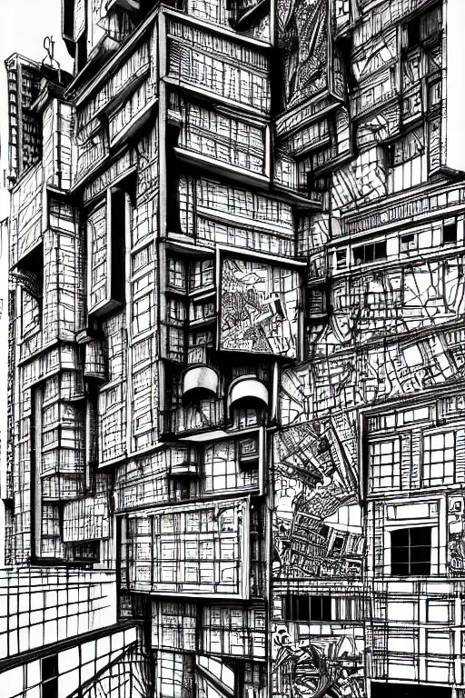 Image similar to a black and white drawing of a building, a detailed mixed media collage by hiroki tsukuda and eduardo paolozzi, intricate linework, sketchbook drawing, street art, polycount, deconstructivism, matte drawing, academic art, constructivism