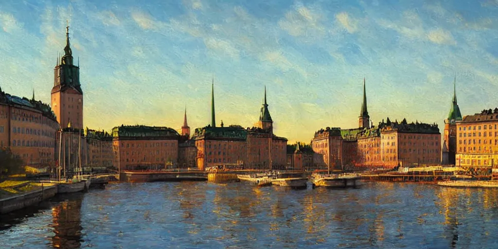 Image similar to stockholm city, volumetric lighting, spring early, nice slight overcast weather, realistic illustration, perfectly shaded, ( golden hour ), soft painting, low angle, art by sven nordqvist