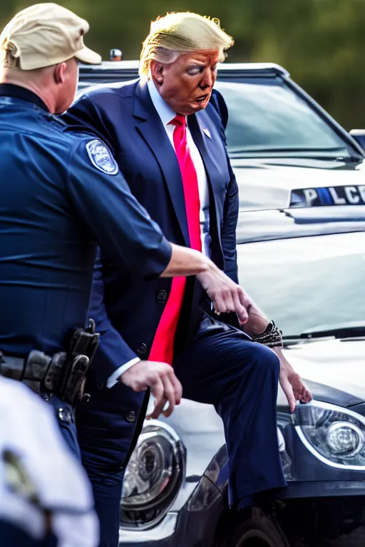 Image similar to donald trump being handcuffed by a police officer front of a police car, real life skin, intricate, high detailed, smooth, sharp focus