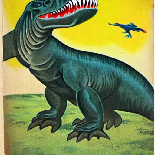 Image similar to 1940s children's book illustration of a Tyrannosaurus rex