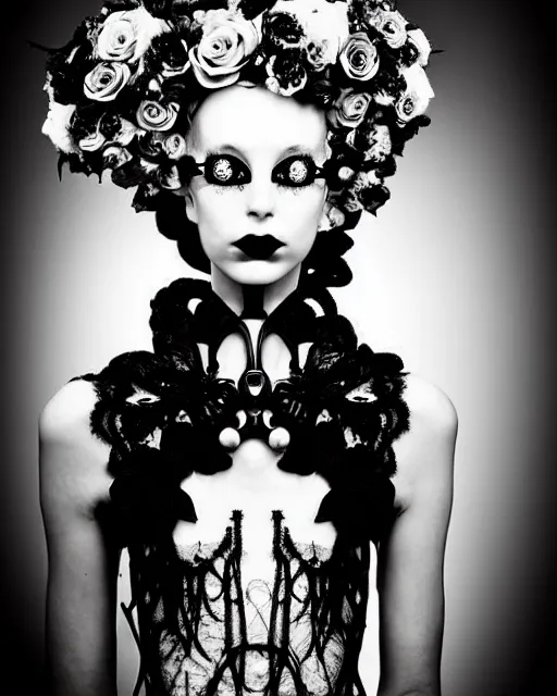 Image similar to dreamy surreal poetic black and white photo of a beautiful young female-cyborg-vegetal with a very long neck and a super big gothic lace collar filled with dead flies and a very high big floral crown with many black dry roses by Vivienne Westwood:: smoke, high fashion, haute couture, rococo, avant-garde, elegant, dreamy, hyper realistic, 150 mm lens, soft rim light, octane render, unreal engine, picture was taken in 1910 by Dora Maar, volumetric lighting, dramatic light,8k,