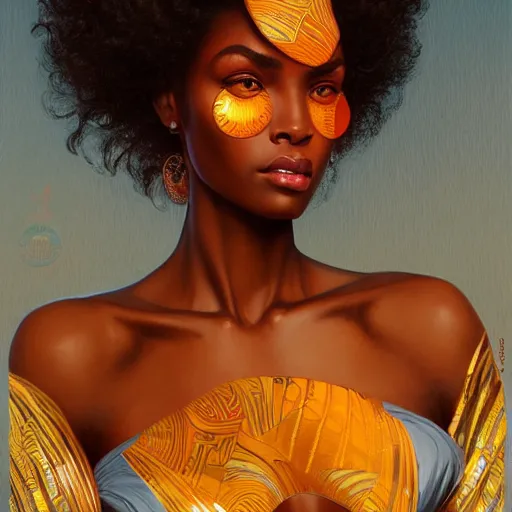 Image similar to portrait of very very very very very very beautiful african woman, spacesuit, orange eyes, intricate, elegant, highly detailed, digital painting, artstation, concept art, smooth, sharp focus, illustration, art by artgerm and greg rutkowski and alphonse mucha