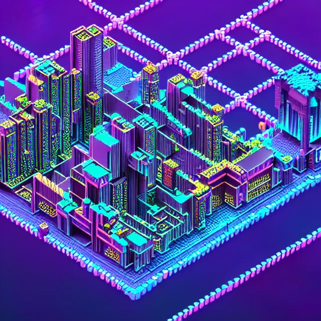 Image similar to voxel art of a cyberpunk blockchain city, chains connecting separate blocks, blockchain, symmetry, intricate, volumetric lighting, beautiful, rich deep colors masterpiece, sharp focus, ultra detailed, in the style of dan mumford and marc simonetti