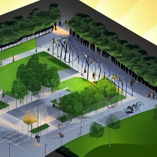 Prompt: design of a park in an urban area, sunset, vivid lighting, modern minimal design, isometric view, photorealist, 8 k