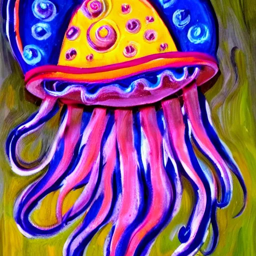 Prompt: jellyfish wearing a sombrero at a party, expressionism