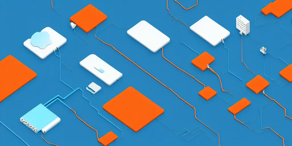 Prompt: Servers and computers, cloud servers, cords, cables, isometric view from above. Minimalistic design, contemporary design, infographics. Logo, Abstract Design. Blue, cyan and orange palette. Vivid, 8K, Epic, Masterpiece